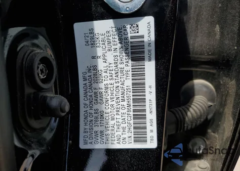 2021 Honda Civic Sport z USA, uszkodzony, nr VIN 2HGFC2F86MH557251